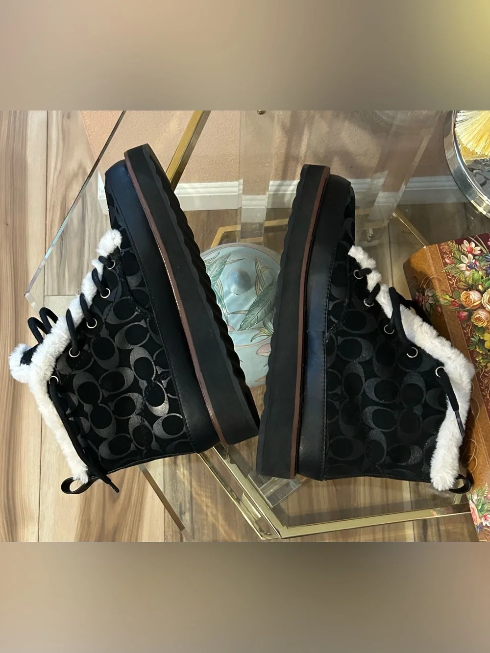 Coach Signature Imani Black White Ankle Booties with Faux Fur Trim Size 8.5